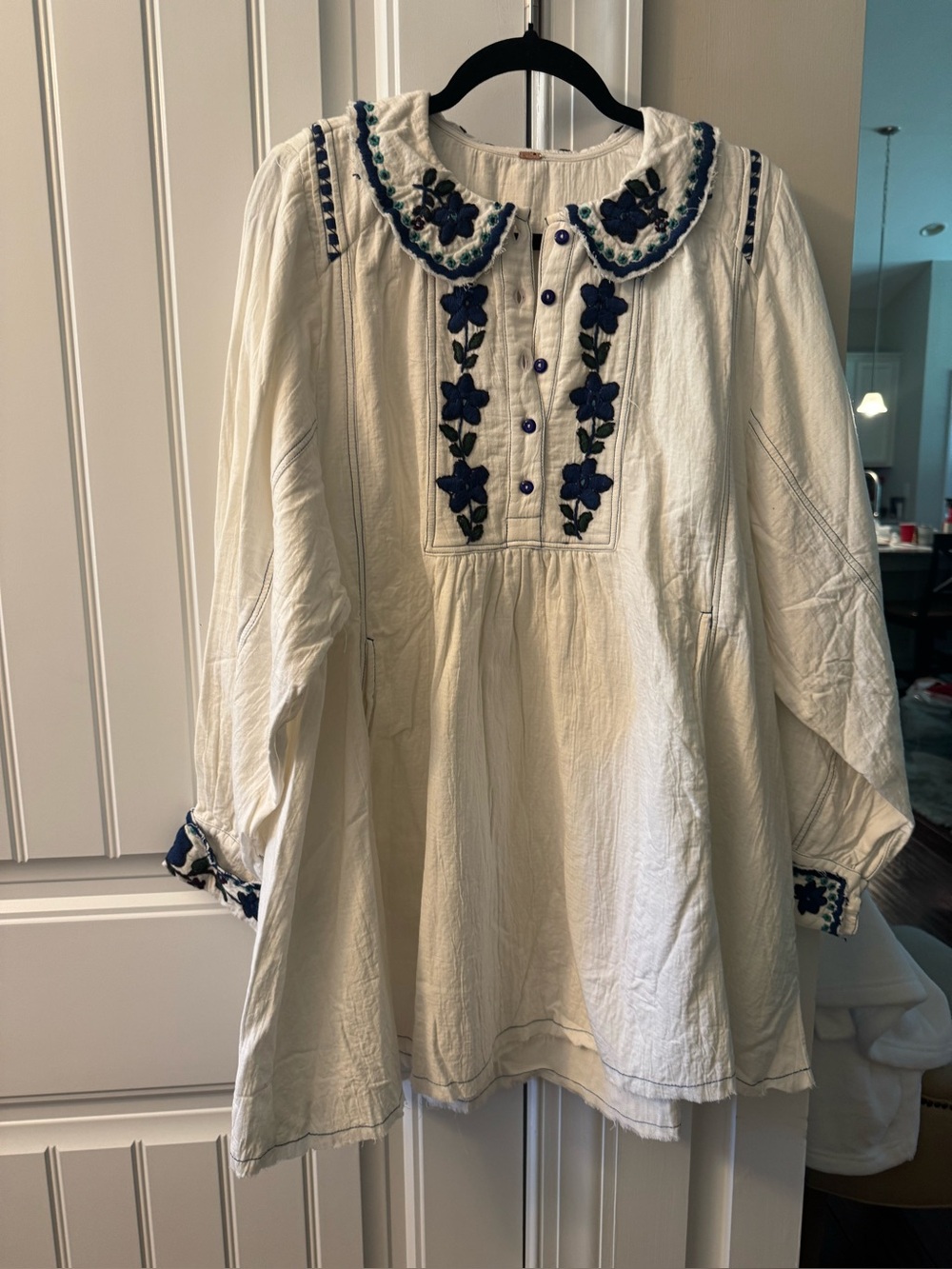 Free People Cream More to come mini dress or Tunic with Navy Floral Embroidery